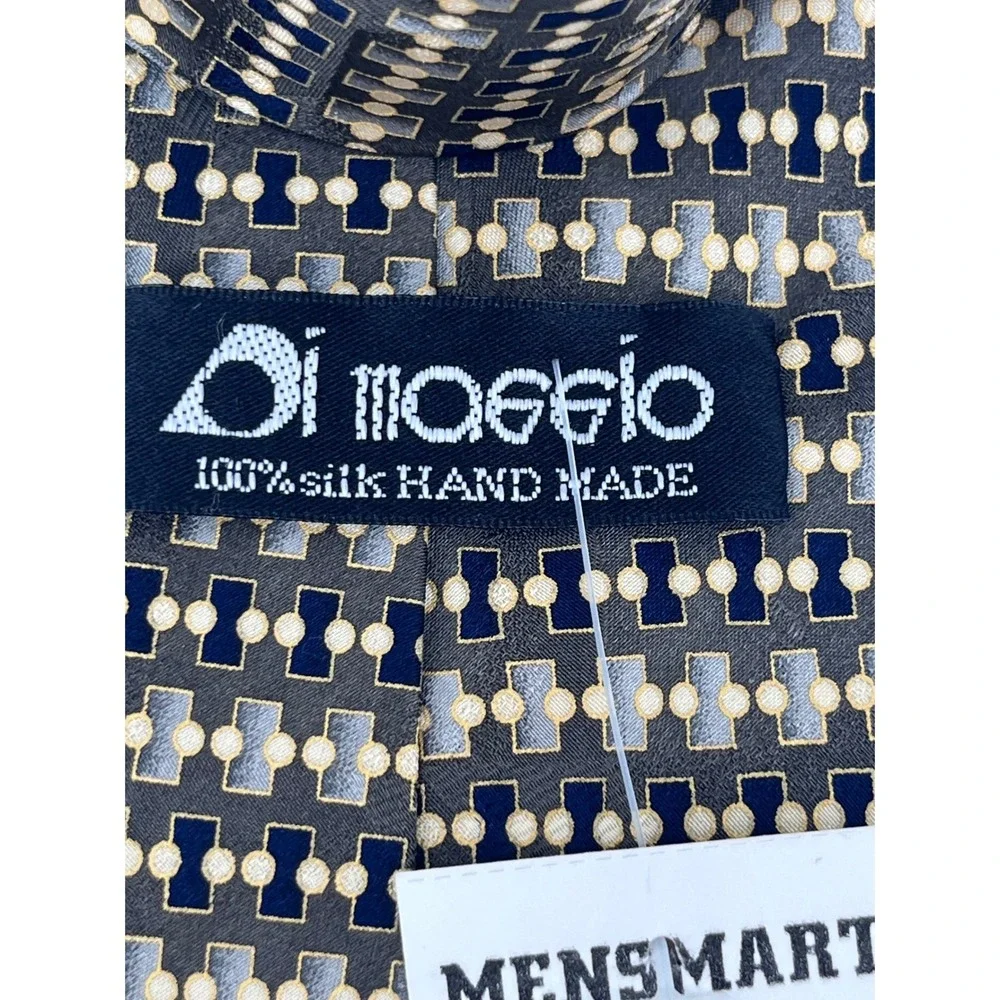 Di Moggio Mens Silk Necktie Navy Blue Grey Geometric Pattern Hand Made 56x4